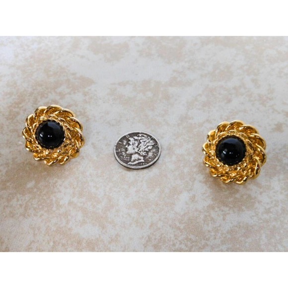 Vintage Gold Tone Black Cabochon Round Button Stud Earrings - Picture 3 of 8